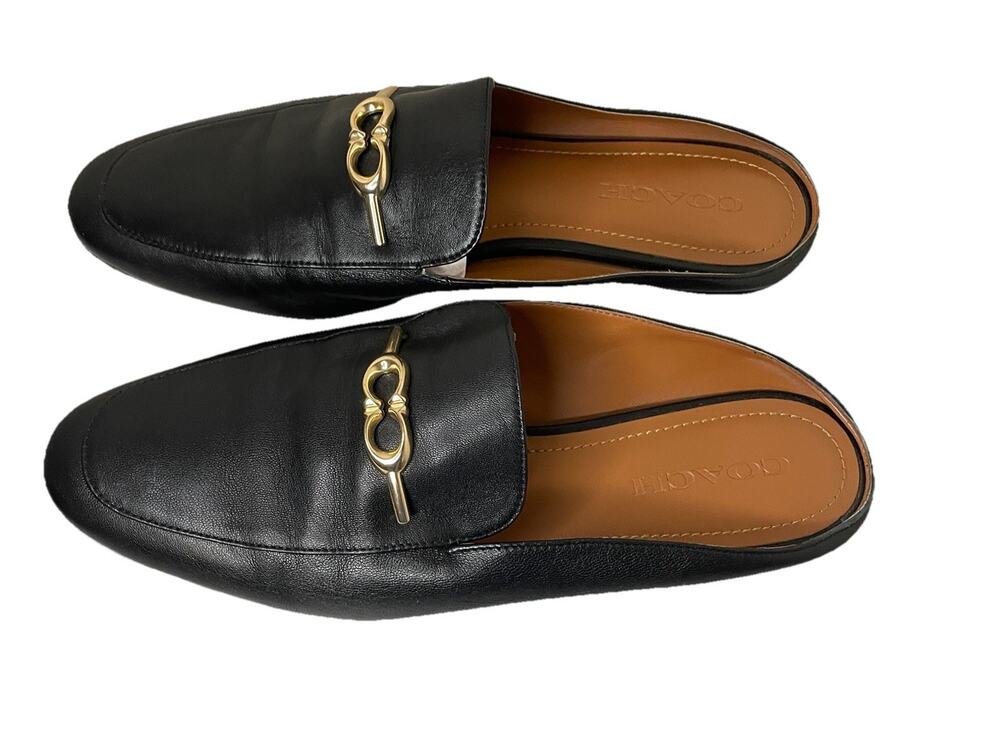 Coach Sienna Black Leather Slides with Gold Logo Shoes Flats Size 10 Elegant